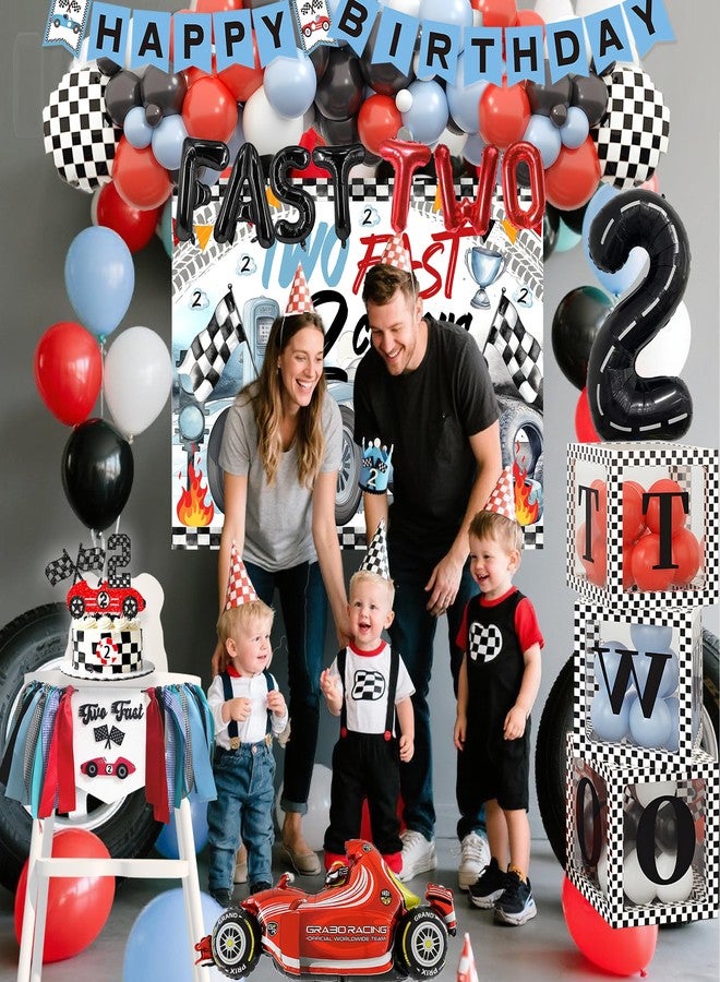 BEOXAGAR Two Fast Birthday Decorations For Boys 2nd Race Car Theme Party Decor Supplies for Baby Party Supplies include Photo Banner Highchair Banner Crown Balloon Boxes Backdrop Tableware Set - Image 4